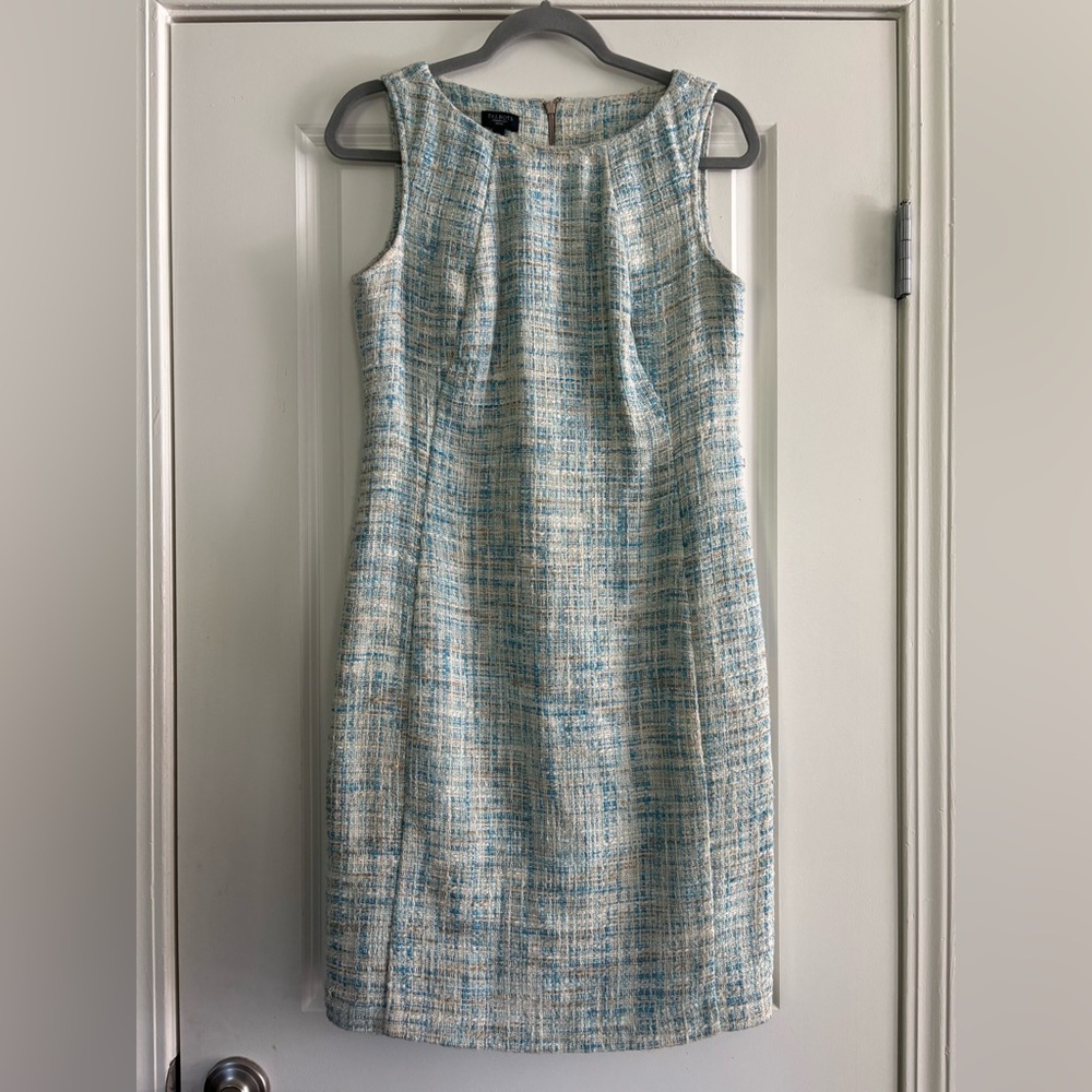 Talbots Sleeveless Tweed Shift Dress in Blue and Cream size 10 petite